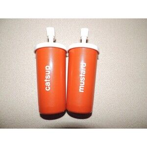 Tupperware CATSUP / Ketchup & MUSTARD Pump CONDIMENT SET orangish color vintage